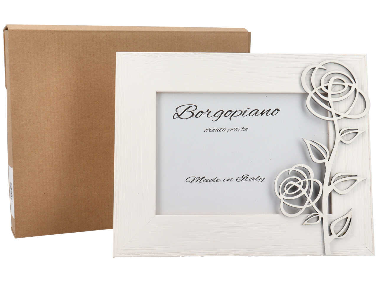 Cornice portafoto bianca in legno effetto invecchiato con rosa in rilievo stile shabby chic - 13x18cm - Borgopiano