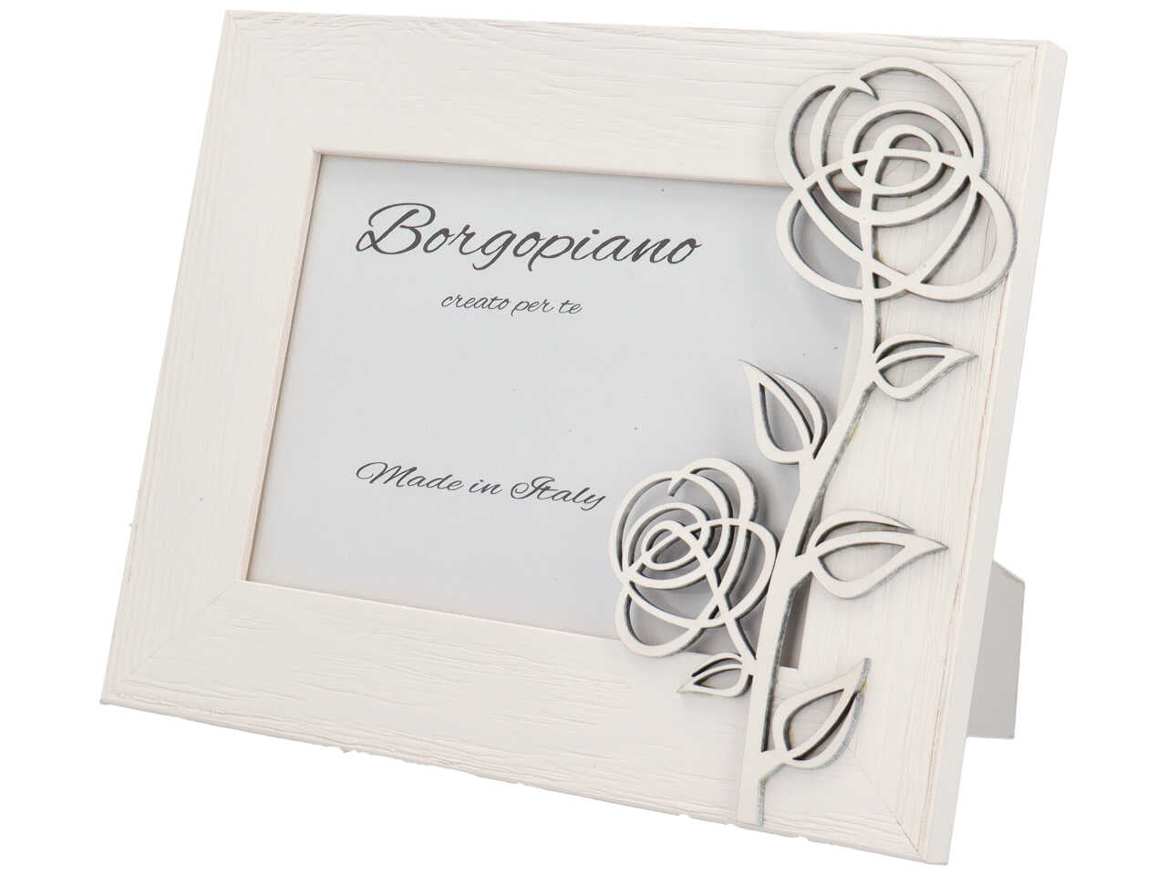 Cornice portafoto bianca in legno effetto invecchiato con rosa in rilievo stile shabby chic - 13x18cm - Borgopiano