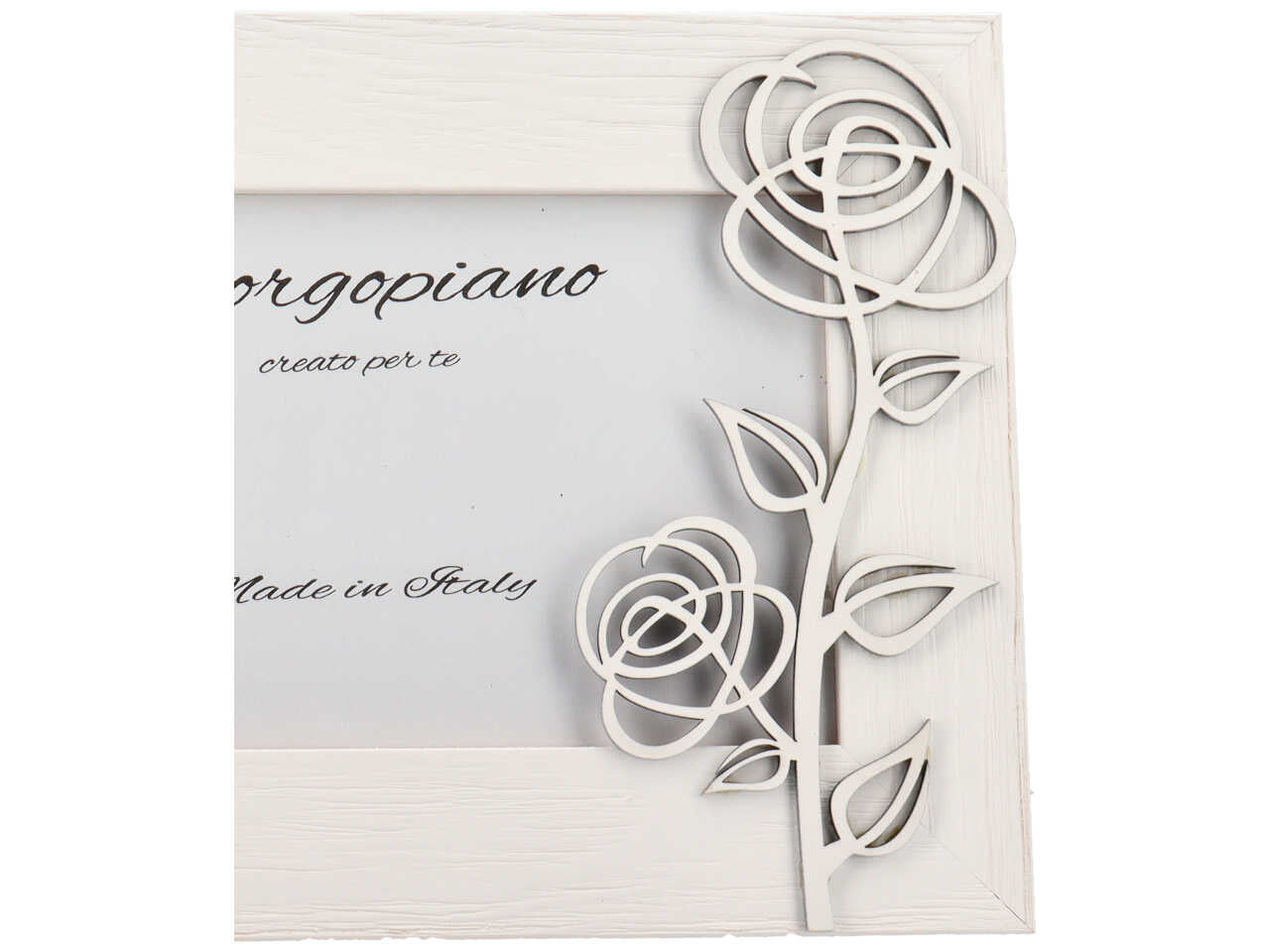 Cornice portafoto bianca in legno effetto invecchiato con rosa in rilievo stile shabby chic - 13x18cm - Borgopiano