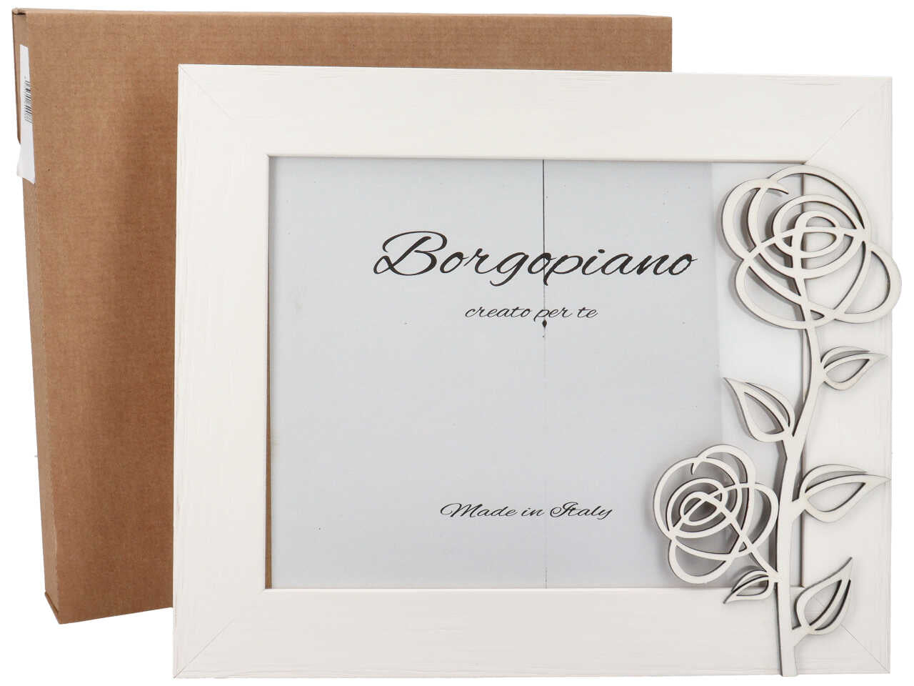 Cornice portafoto in legno effetto invecchiato bianco stile shabby chic con rosa in rilievo - 20x25 cm - Borgopiano