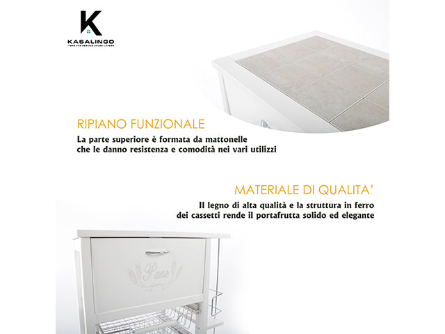 Carrello Porta Frutta e Verdura con portapane 56,5x37,3 h 82,2 in Legno, portavino carrello da cucina con ripiano multiuso 100% Made in Italy. (Bianco)