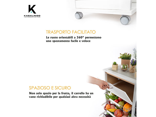 Carrello Porta Frutta e Verdura con portapane 56,5x37,3 h 82,2 in Legno, portavino carrello da cucina con ripiano multiuso 100% Made in Italy. (Bianco)
