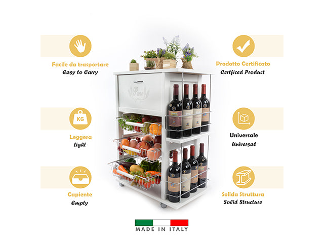Carrello Porta Frutta e Verdura con portapane 56,5x37,3 h 82,2 in Legno, portavino carrello da cucina con ripiano multiuso 100% Made in Italy. (Bianco)