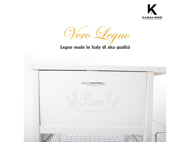 Carrello Porta Frutta e Verdura con portapane 56,5x37,3 h 82,2 in Legno, portavino carrello da cucina con ripiano multiuso 100% Made in Italy. (Bianco)