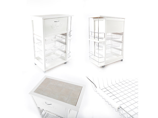 Carrello Porta Frutta e Verdura con portapane 56,5x37,3 h 82,2 in Legno, portavino carrello da cucina con ripiano multiuso 100% Made in Italy. (Bianco)