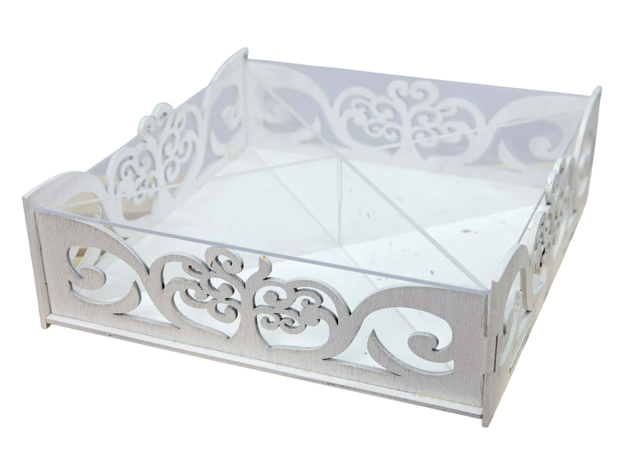 Scatola in legno con coperchio e divisioni in plexiglass 17,5x17,5x5cm