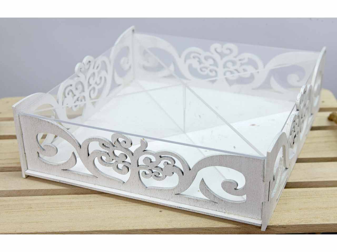 Scatola in legno con coperchio e divisioni in plexiglass 17,5x17,5x5cm