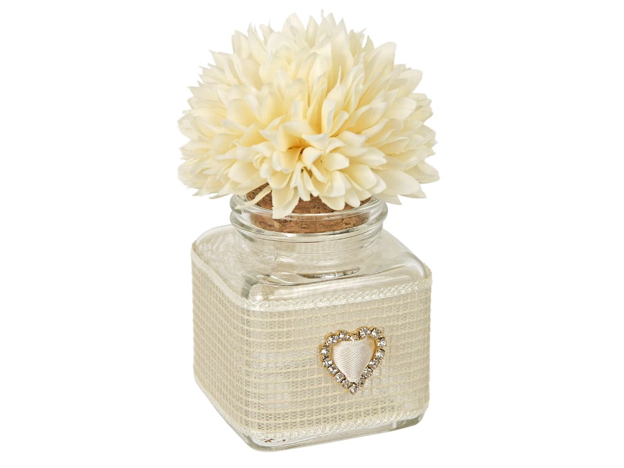 Barattolino in vetro 5x5x6cm con rete, cuori, brillantini e tappo fiore con pompon