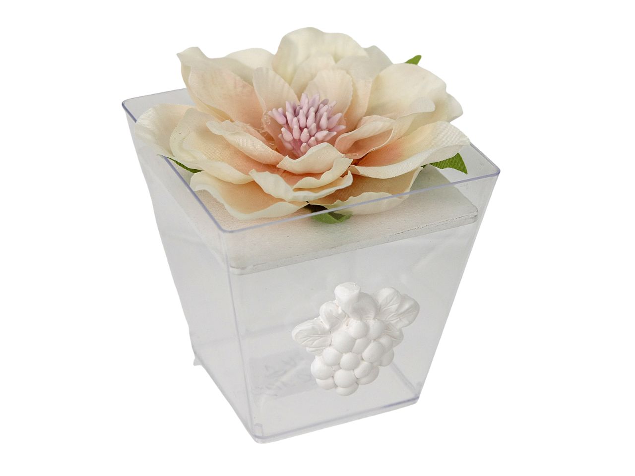 Scatola in pvc 7x7x7cm con peonia e gessetto uva colore cipria