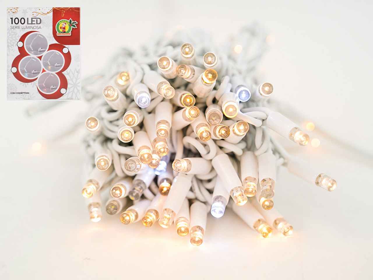 Catena luci 100led 10mt bianco caldo c/flash prol.