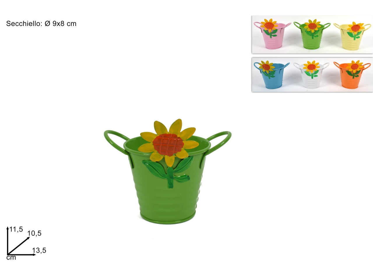 Secchiello latta 8cm con decoro girasole - disponibile in 6 colori