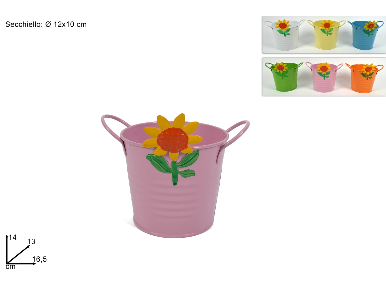 Secchiello di latta 10cm con girasole - disponibile in 6 colori