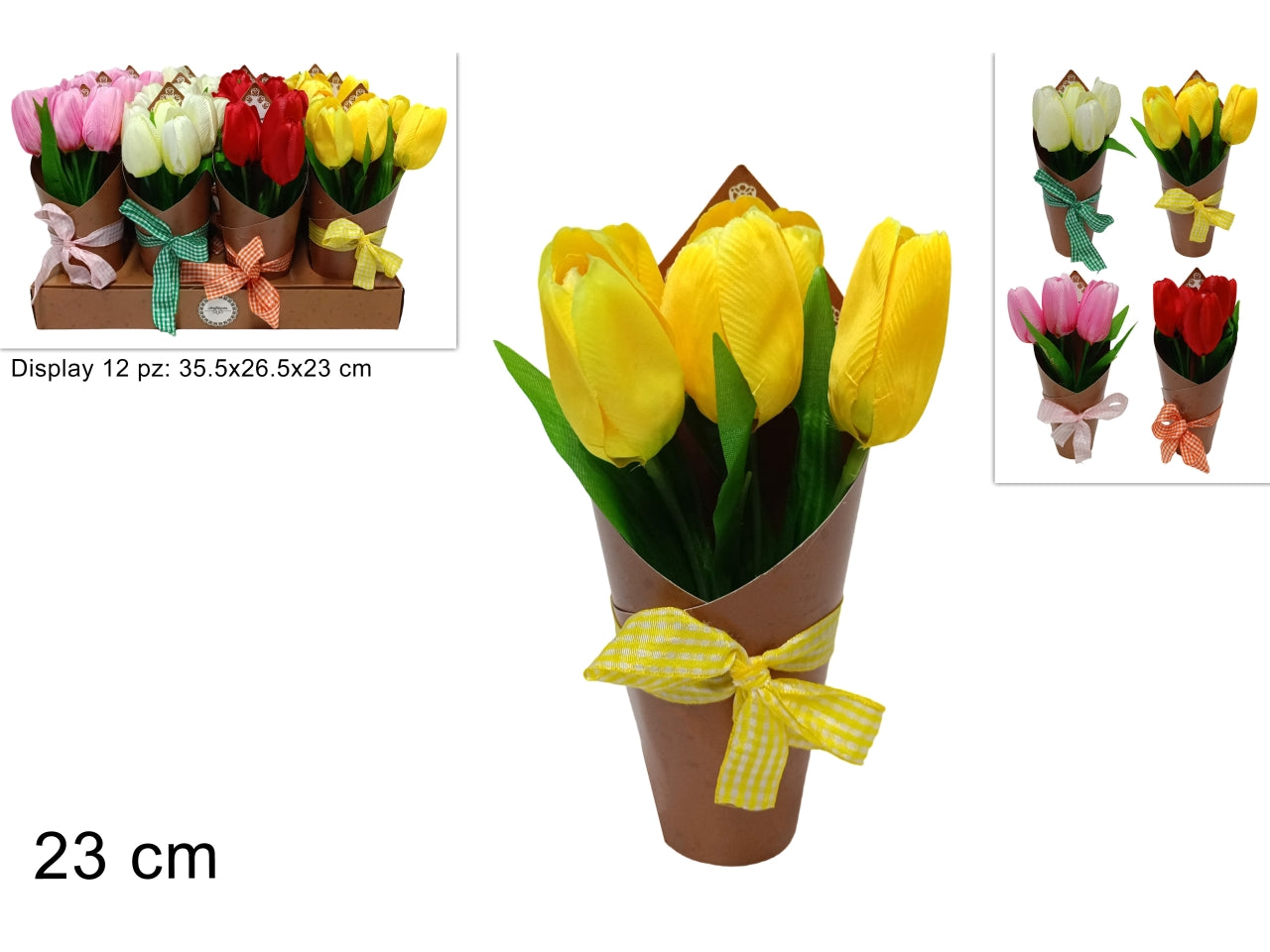 Piantina di tulipani con cartoncino e fiocco