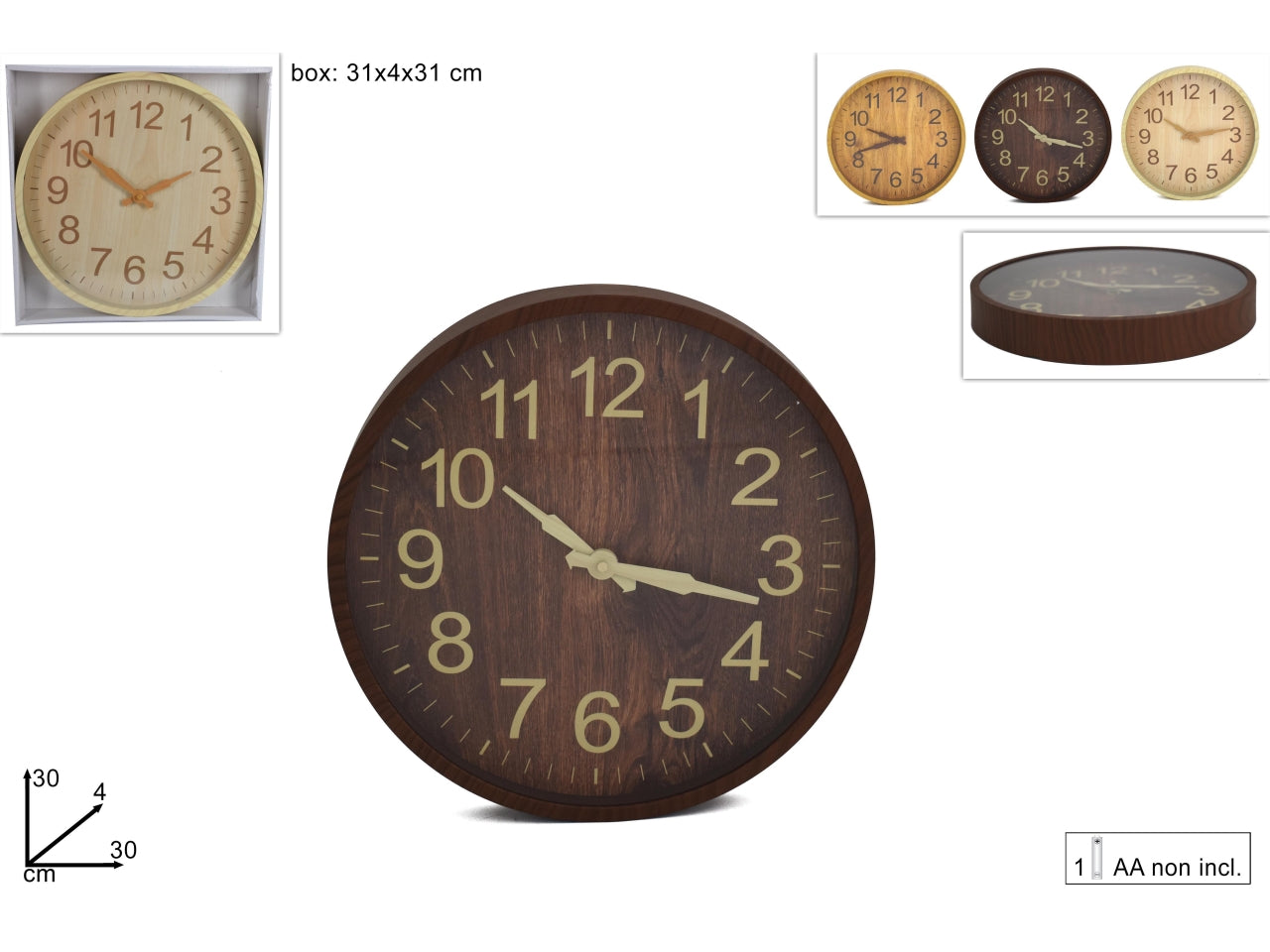 Orologio muro tondo effetto legno disponibile in 3 colori