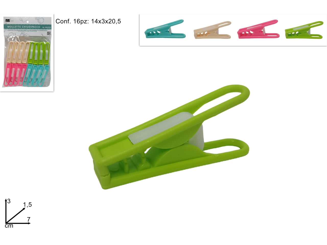 Set di 16 mollette in plastica chiudipacco, assortite in 4 colori - Due Esse