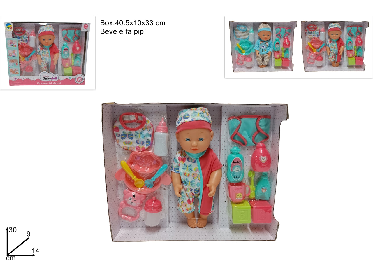 Bambolotto misura 30cm beve e fa pipi' con accessori in 2 assortimenti