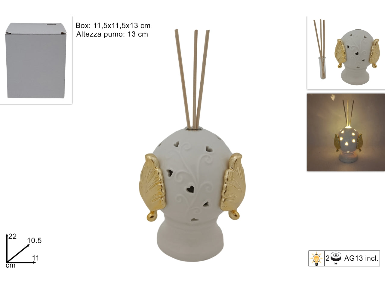 Pumo profumatore ceramica bianco e oro con luce