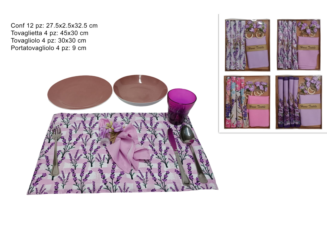 Set americano di tovagliette, tovaglioli e portatovaglioli lavanda in tessuto, stile Shabby Chic - Due Esse
