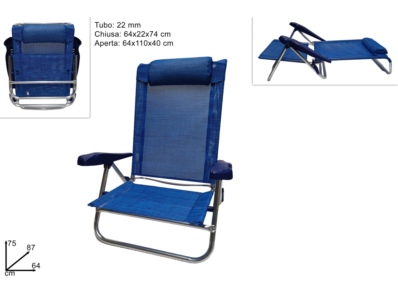 Spiaggina in alluminio e textilene blu 64x110x40 cm - Onshore