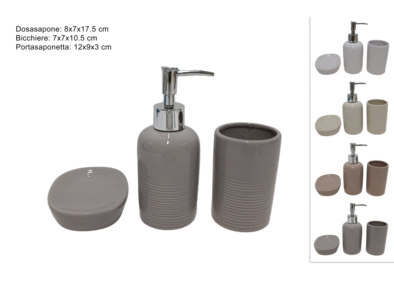 Set di 3 accessori a righe per il bagno in ceramica  - disponibile in 4 colori