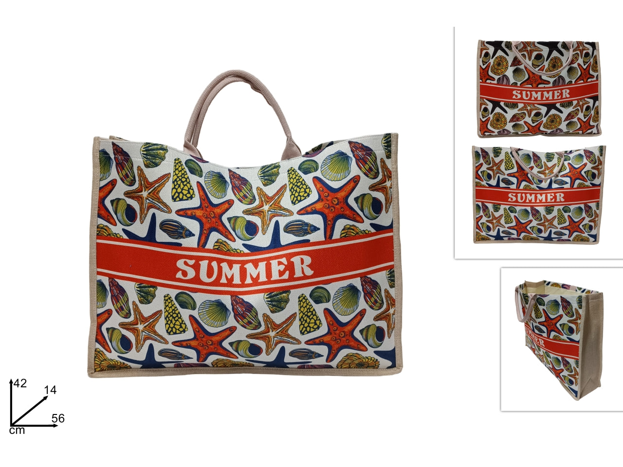 Borsa mare in tela multicolor con fantasia marina in colori assortiti - 41x55x14 cm - Due Esse