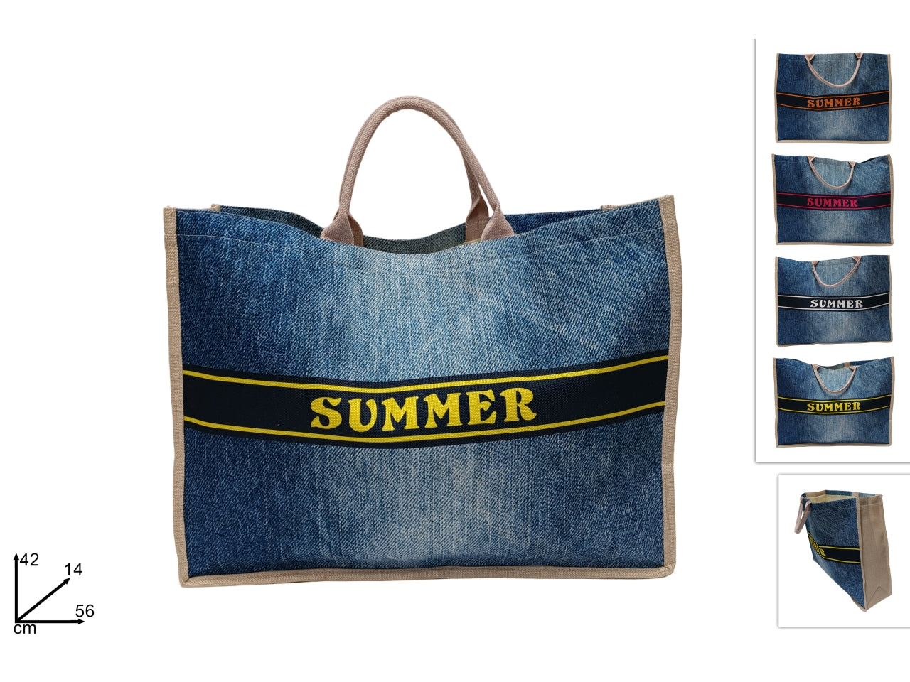 Borsa mare in tela fantasia effetto jeans in colori assortiti - 41x55x14 cm - Due Esse