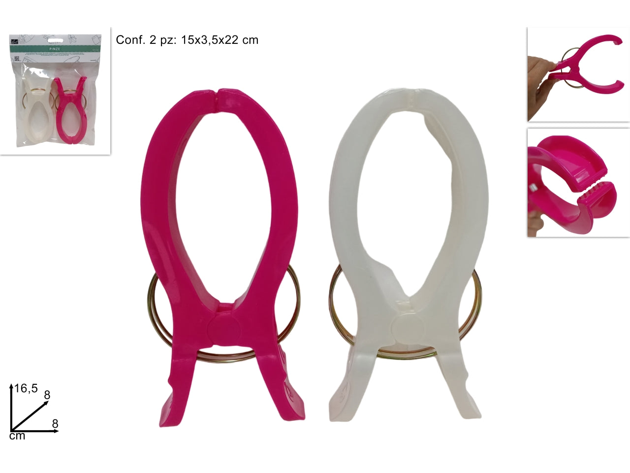 Set di 2 maxi pinze in plastica per teli mare, assortite in 2 colori - Due Esse