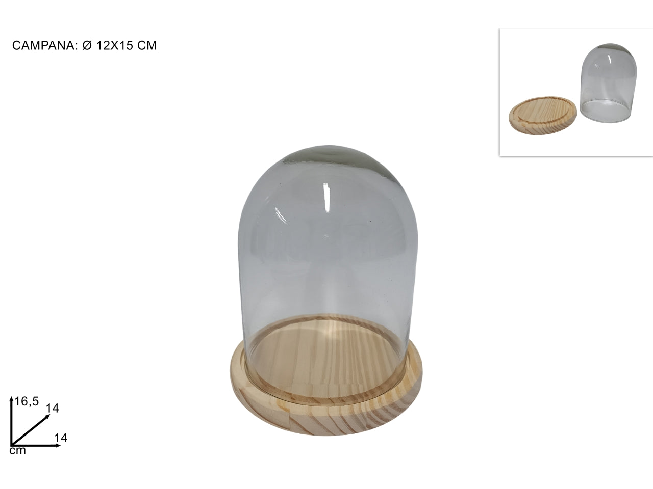 Campana in vetro con base in legno 15cm