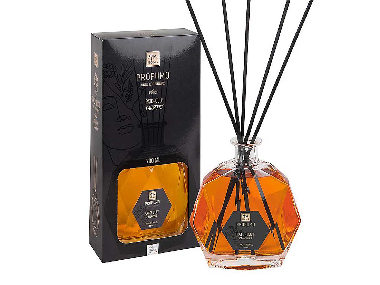 Diffusore di fragranza con  bottiglia esagonale 700ml patchouly con bacchette e scatola regalo