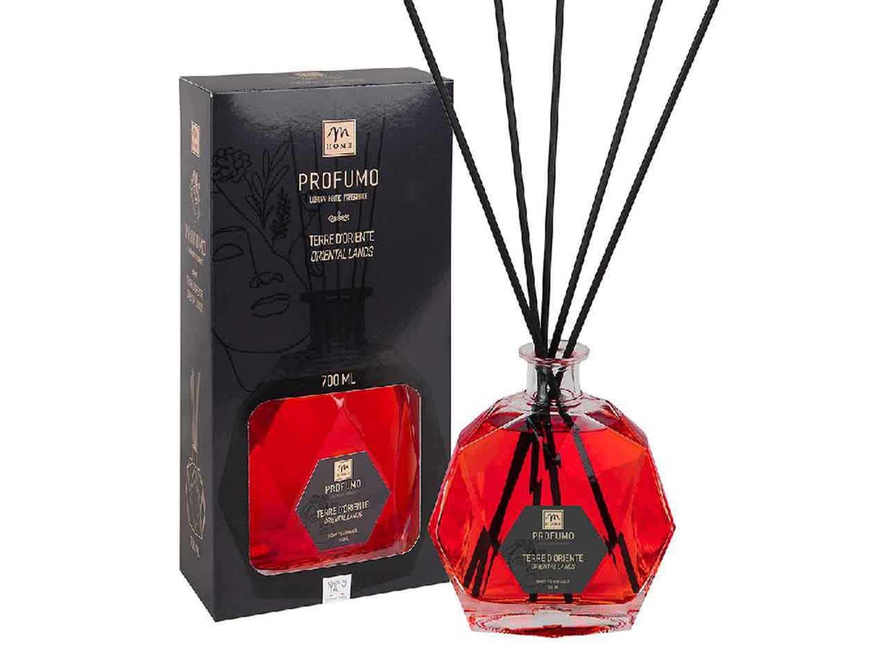 Diffusore di fragranza con bottiglia esagonale 700 ml terre d'oriente con bacchetti e scatola regalo