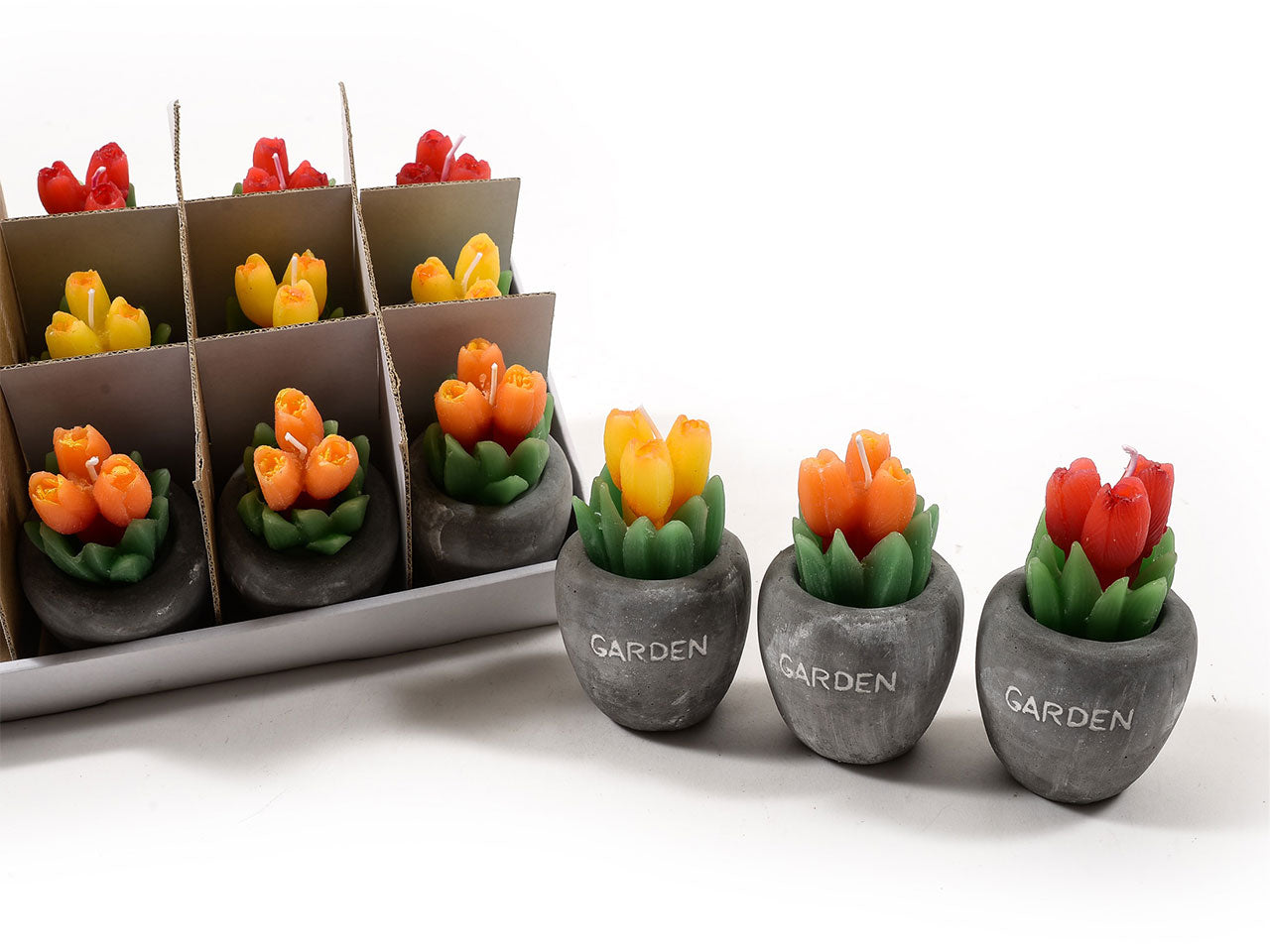 Candela pianta di tulipano in vaso di cemento misura d.6,2x10,3cm in colori assortiti