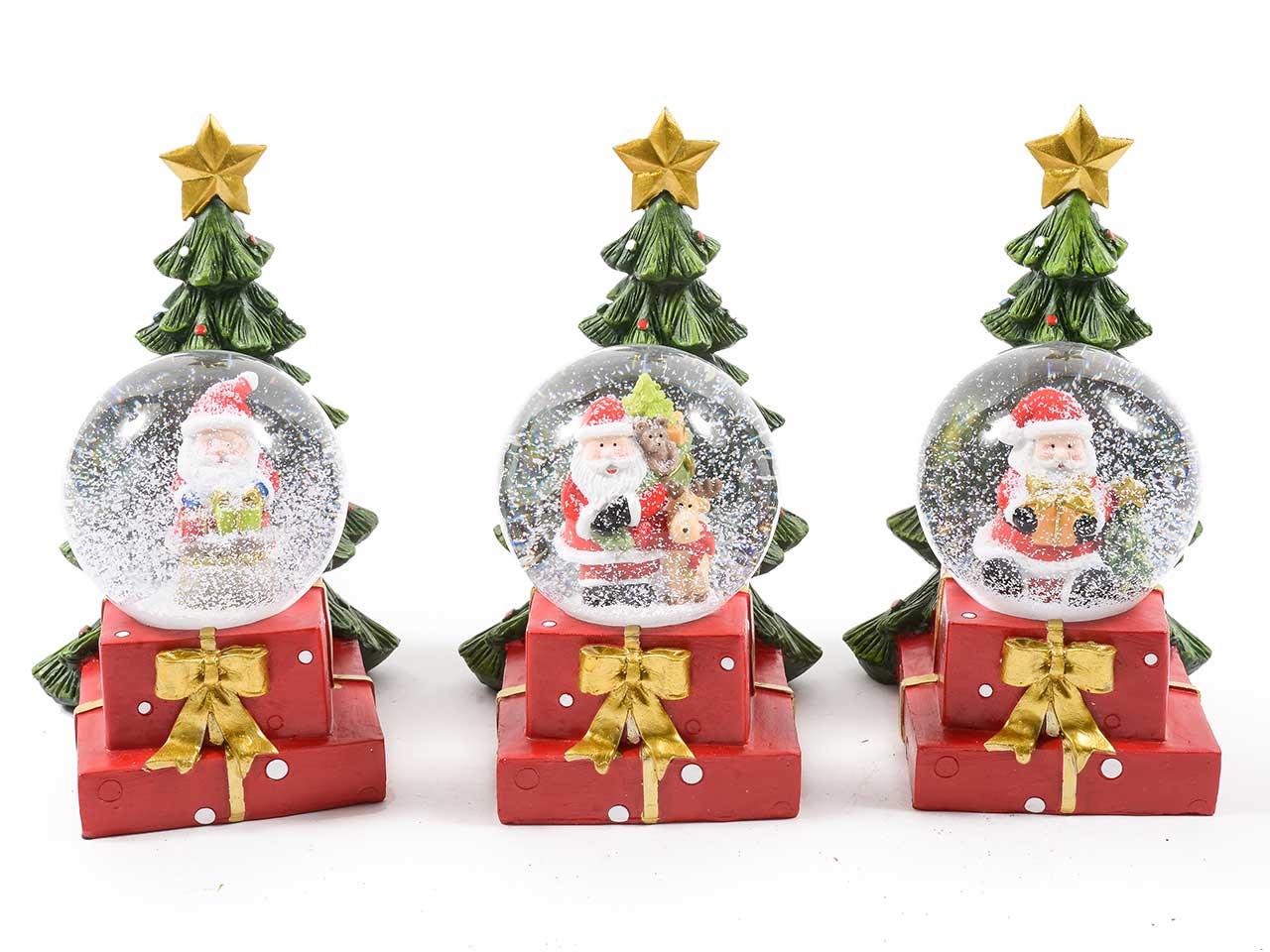 Decorazione con palla di neve in resina e luci misura 12x13,5xh18cm assortita con scatola regalo