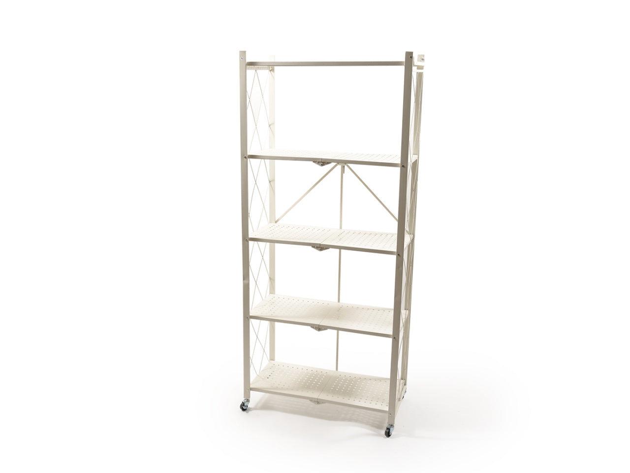 Scaffalatura 5 ripiani richiudibile in metallo bianco con ruote misura 71,5x34xh.162cm