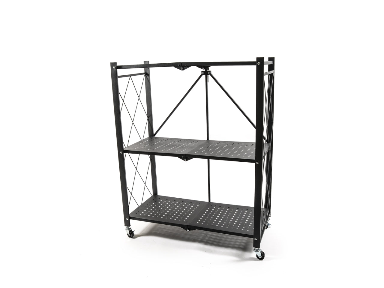 Scaffalatura 3 ripiani richiudibile in metallo nero con ruote misura 7,51x34xh.89cm