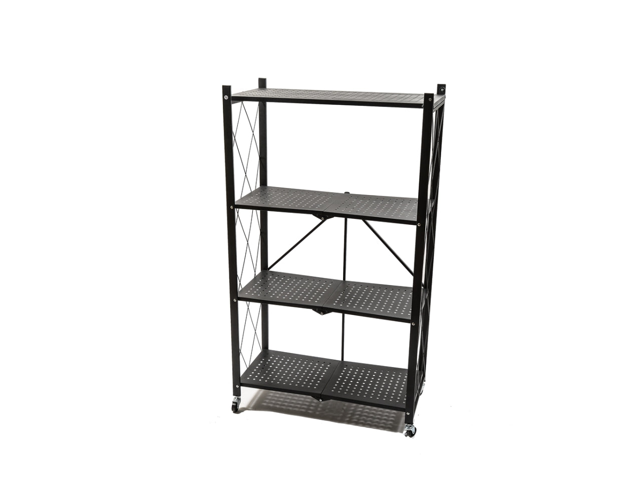 Scaffalatura 4 ripiani richiudibile in metallo nero con ruote misura 71,5x34xh.125cm