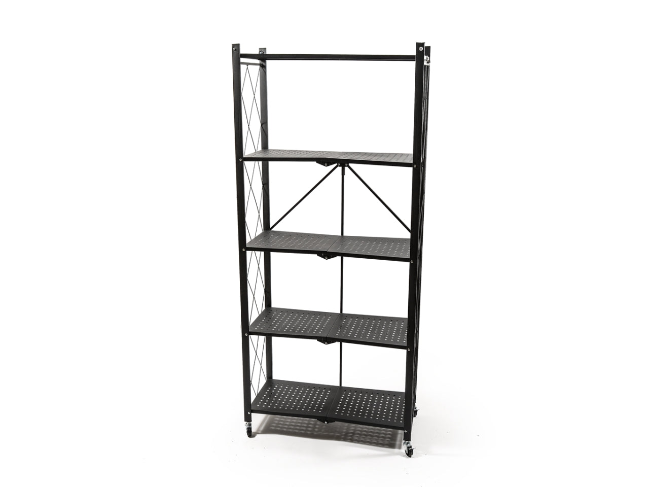 Scaffalatura 5 ripiani richiudibile in metallo nero con ruotemisra 71,5x34xh.162cm