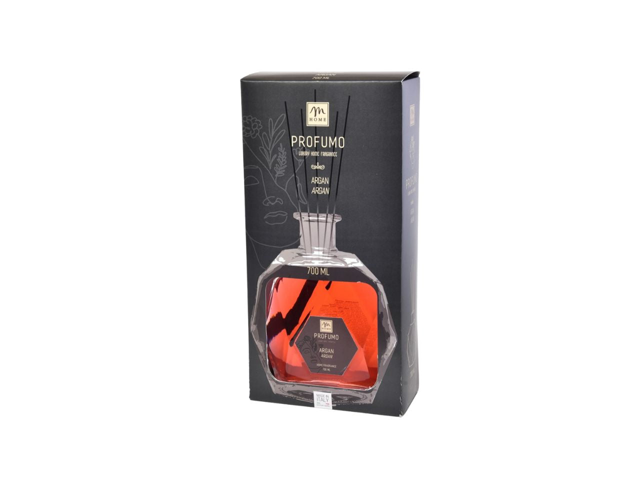 Diffusore di fragranza con bottiglia esagonale 700 ml olio d'argan con bacchetti e scatola regalo