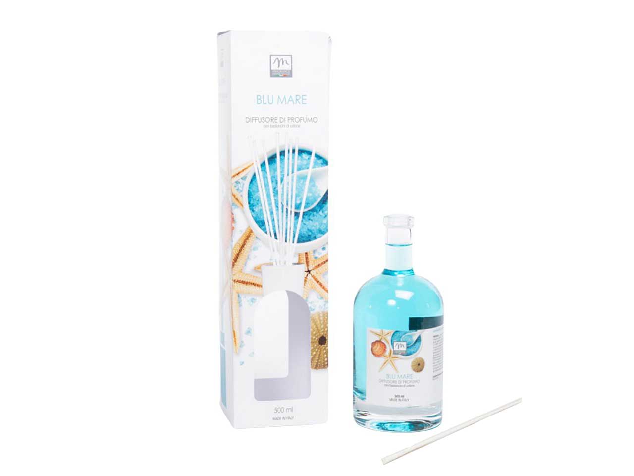 Diffusore di essenza 500 ml blu mare linea  bouquet con bacchetti in cotone e scatola regalo
