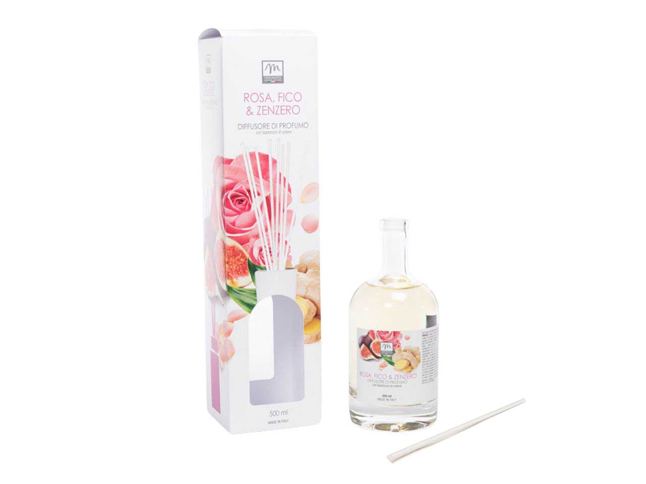 Diffusore di essenza 500 ml fico rosa zenzero linea  bouquet con bacchetti in cotone e scatola regalo