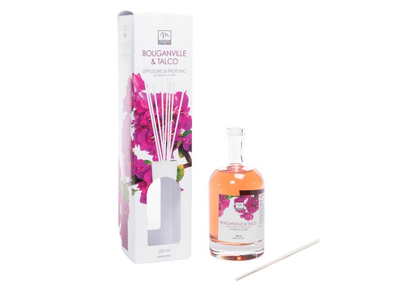 Diffusore di essenza 500 ml bouganville e talco linea bouquet con bacchetti in cotone e scatola regalo