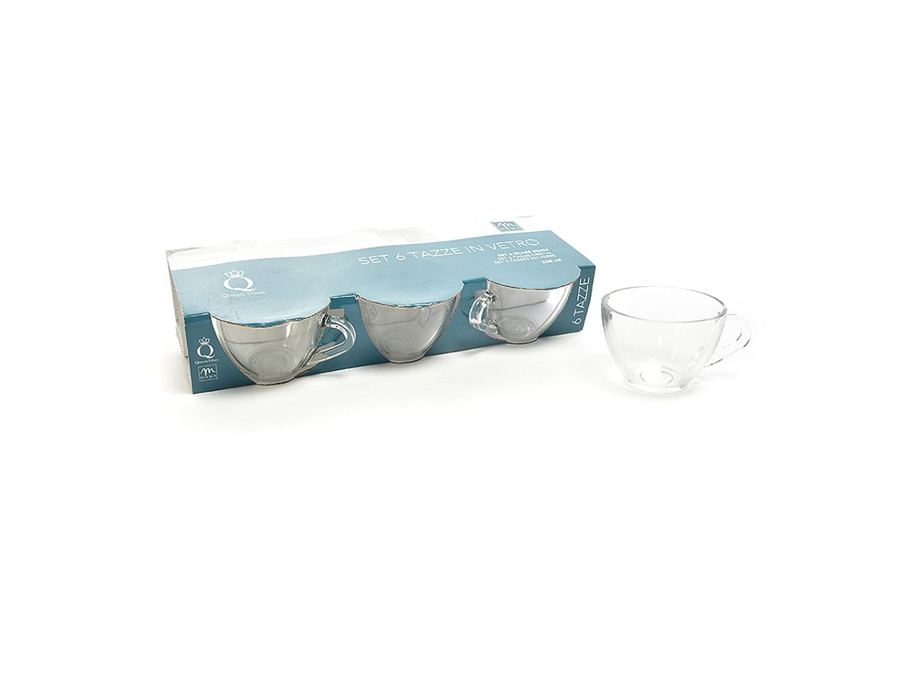 Set da 6 tazze the' in vetro trasparente 230ml in cartonetta d.9xh.6,7cm