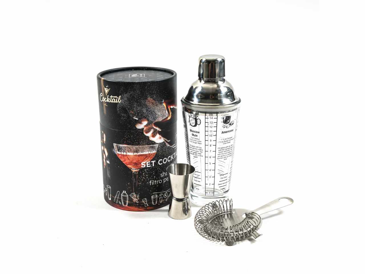 Set da cocktail 3 pezzi con shaker 400ml in vetro e acciaio inox misurino e filtro per il ghiaccio confezione regalo