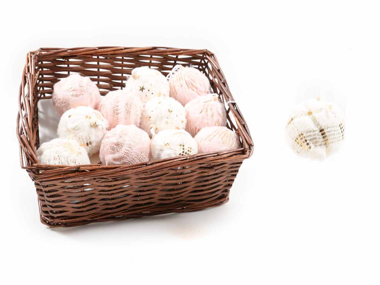 Palla natalizia diam.8cm assortita espositore cesto vimini