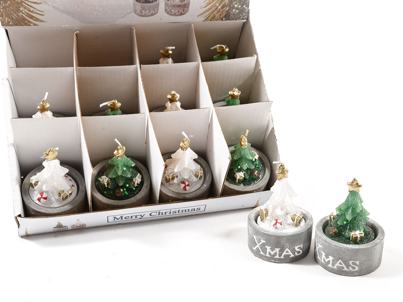 Candela albero di natale su base di cemento misura h.7xd.4,8cm colori assortiti