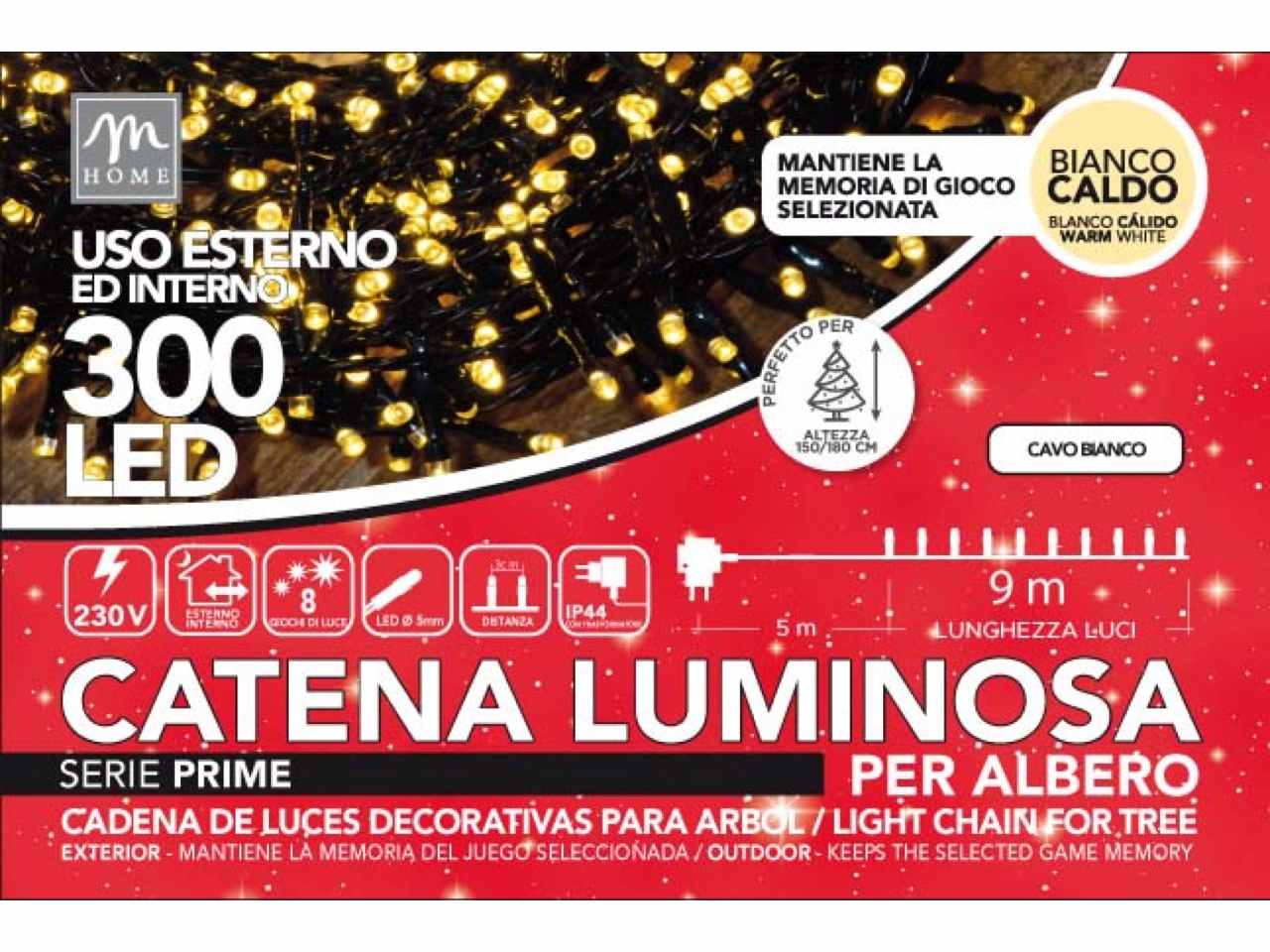 Catena luminosa 300 led colore bianco caldo su filo bianco 8 giochi da esterno lunghezza 14m
