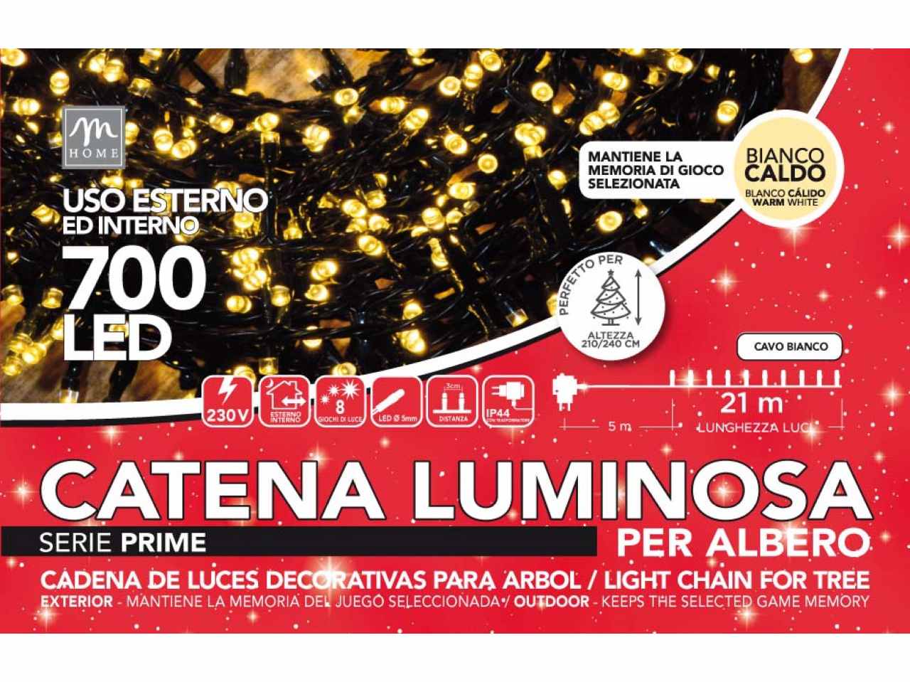 Catena luminosa 700 led colore bianco caldo su filo bianco 8 giochi da esterno lunghezza 26m