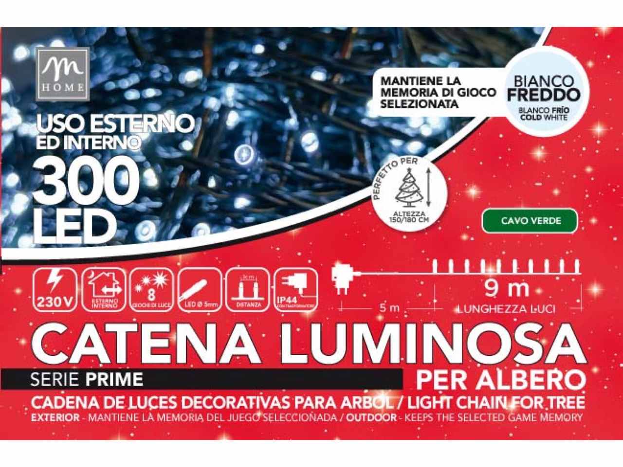 Catena luminosa 300 led colore bianco 8 giochi da esterno lunghezza 14m
