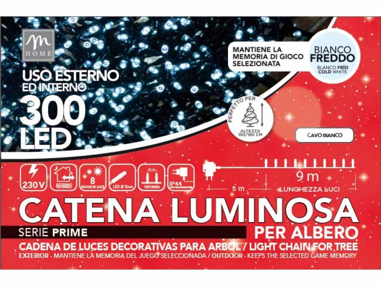 Catena luminosa 300 led colore bianco su filo bianco 8 giochi da esterno lunghezza 14m
