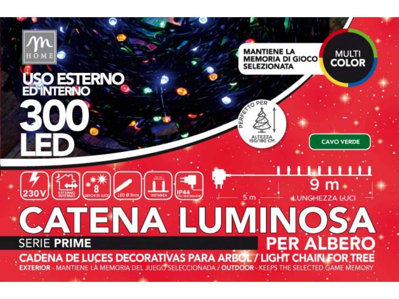 Catena luminosa 300 led multicolore 8 giochi da esterno lunghezza 14m
