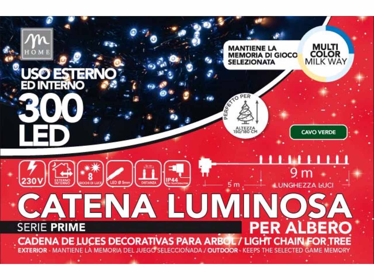 Catena luminosa 300 led colore milkway 8 giochi da esterno lunghezza 14m